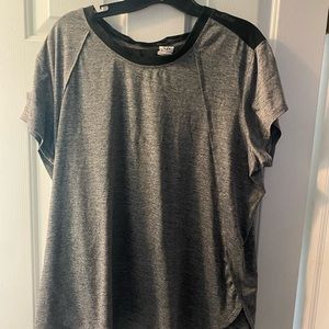 Gray Champion moisture-wicking material sport top with black mesh shoulder yoke